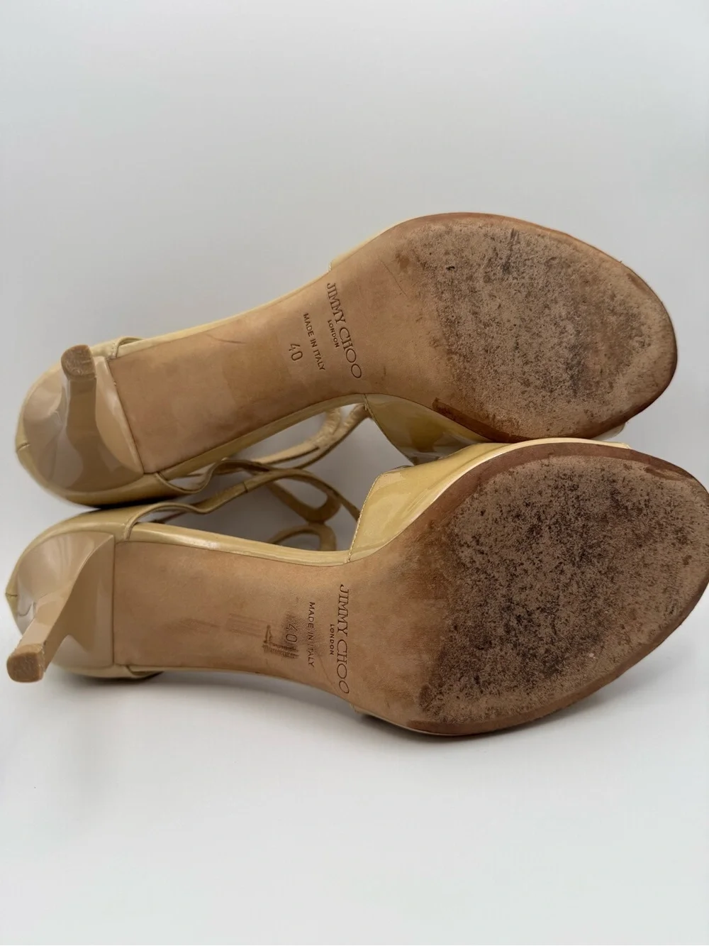 Jimmy Choo Ivette Patent Leather Strappy Sandal Heel Nude Beige Stiletto Shoe 40